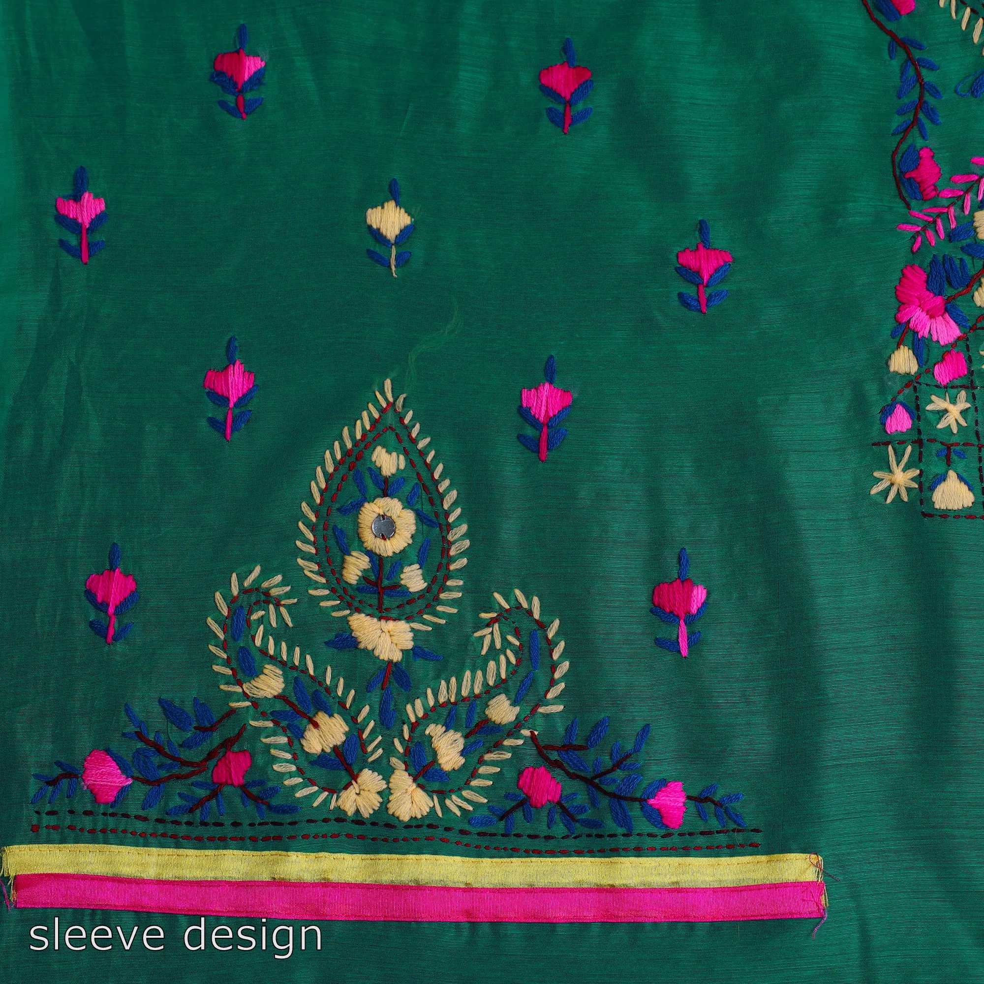 Green - 3pc Hand Embroidery Chanderi Silk Phulkari Dress Material 41