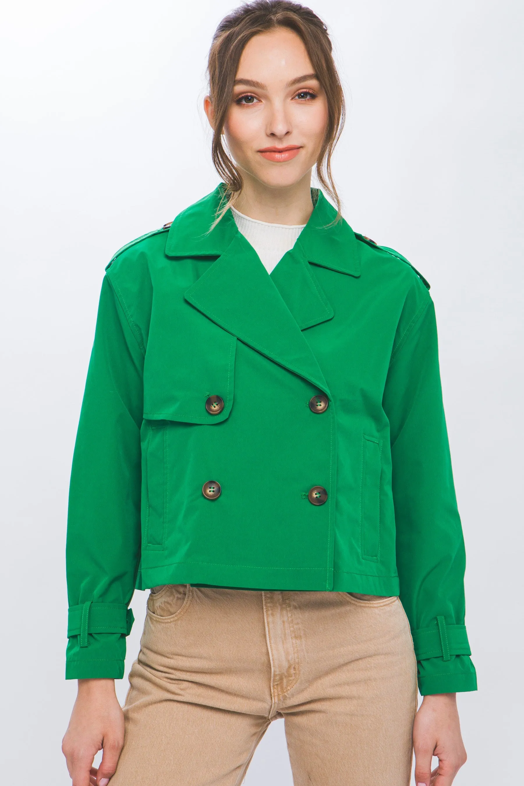 Green Cropped Trench Jacket with Belt Sleeve Detail