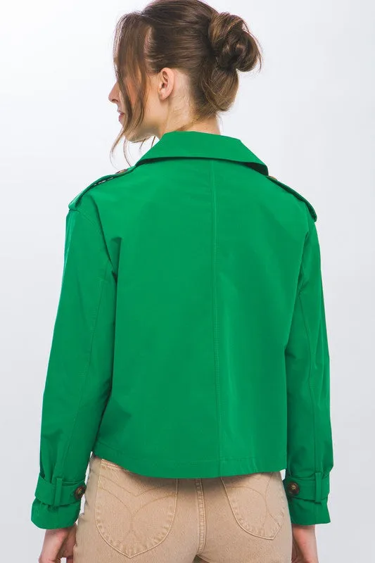 Green Cropped Trench Jacket with Belt Sleeve Detail