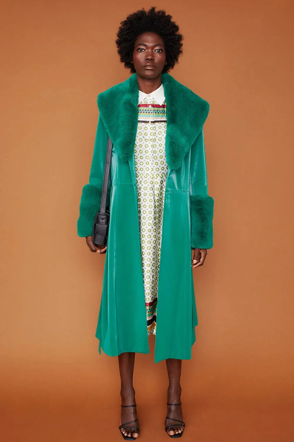 Green Faux Suede Trench Coat with Faux Fur Collar and Cuffs