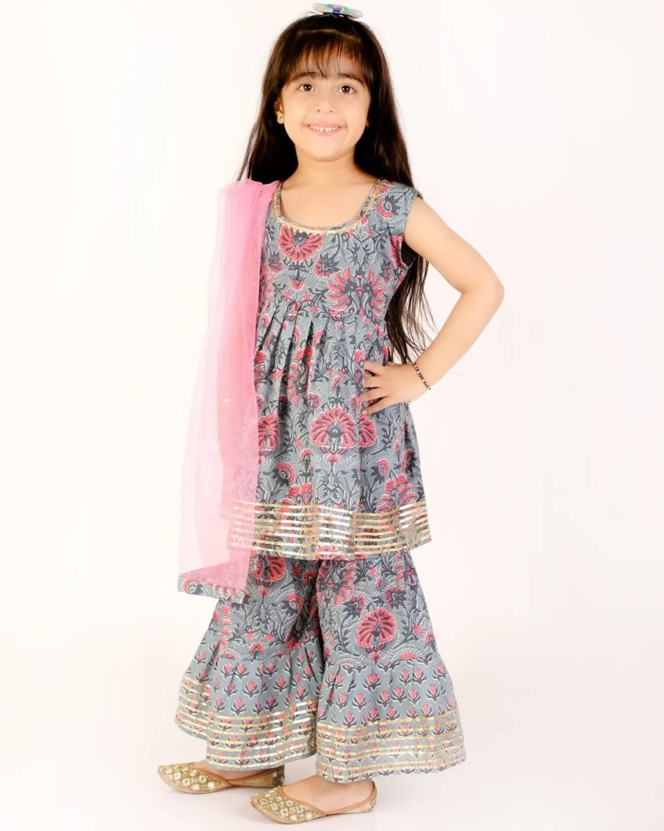 Grey Floral Print Girls Anarkali Kurta Sharara Set With Dupatta