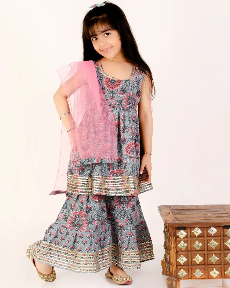 Grey Floral Print Girls Anarkali Kurta Sharara Set With Dupatta