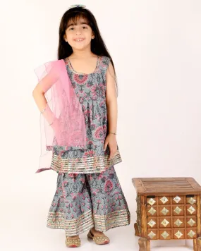 Grey Floral Print Girls Anarkali Kurta Sharara Set With Dupatta