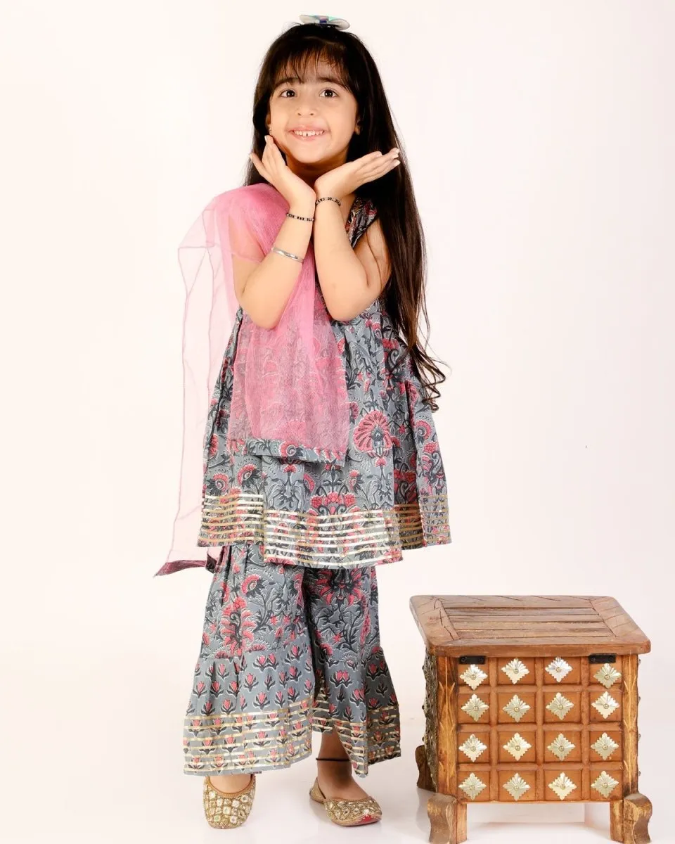 Grey Floral Print Girls Anarkali Kurta Sharara Set With Dupatta