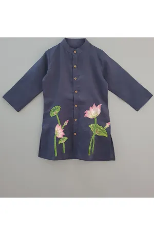 Hand painted lotus dark blue kurta shirt