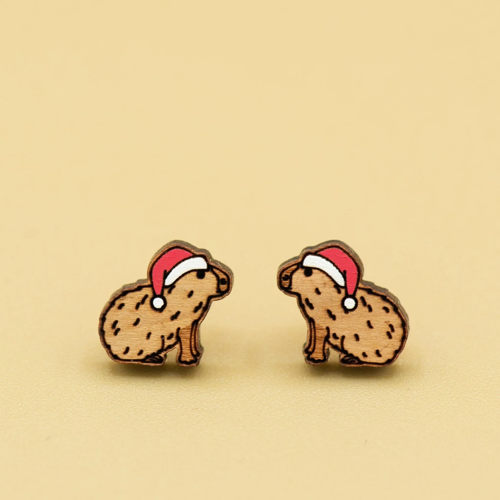 Hand-painted Wooden Earrings - Christmas Capybara