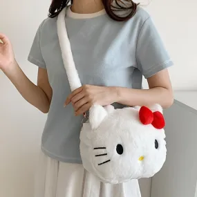 HelloKitty Sanrio Faux Fur Handbag | Anime Cartoon-Themed, Removable Strap, Zipper Closure, Polyester Lined