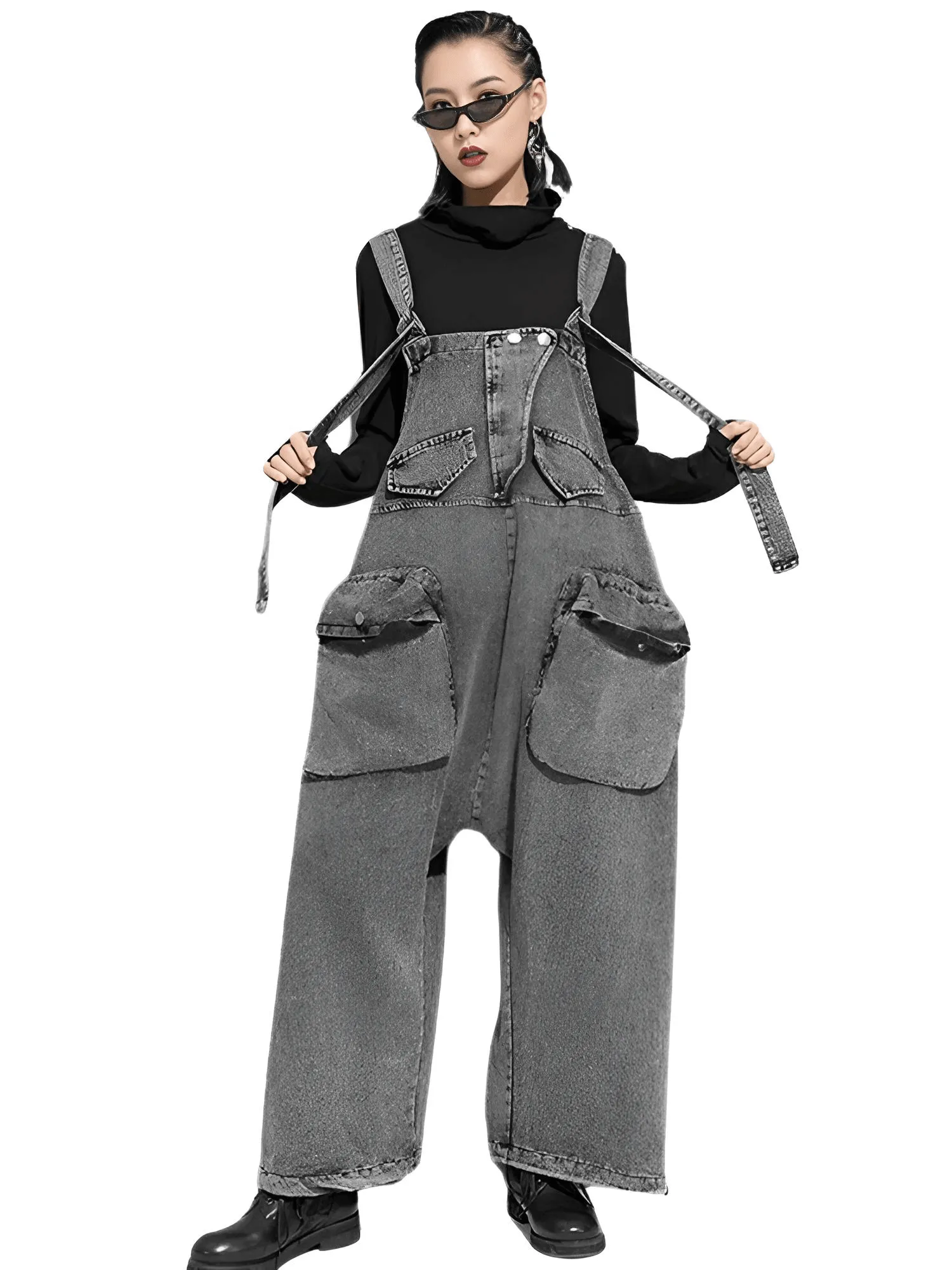 High Waist Women's Denim Overalls Black Pocket Trousers New Loose Fit Pants Women Fashion Spring Autumn