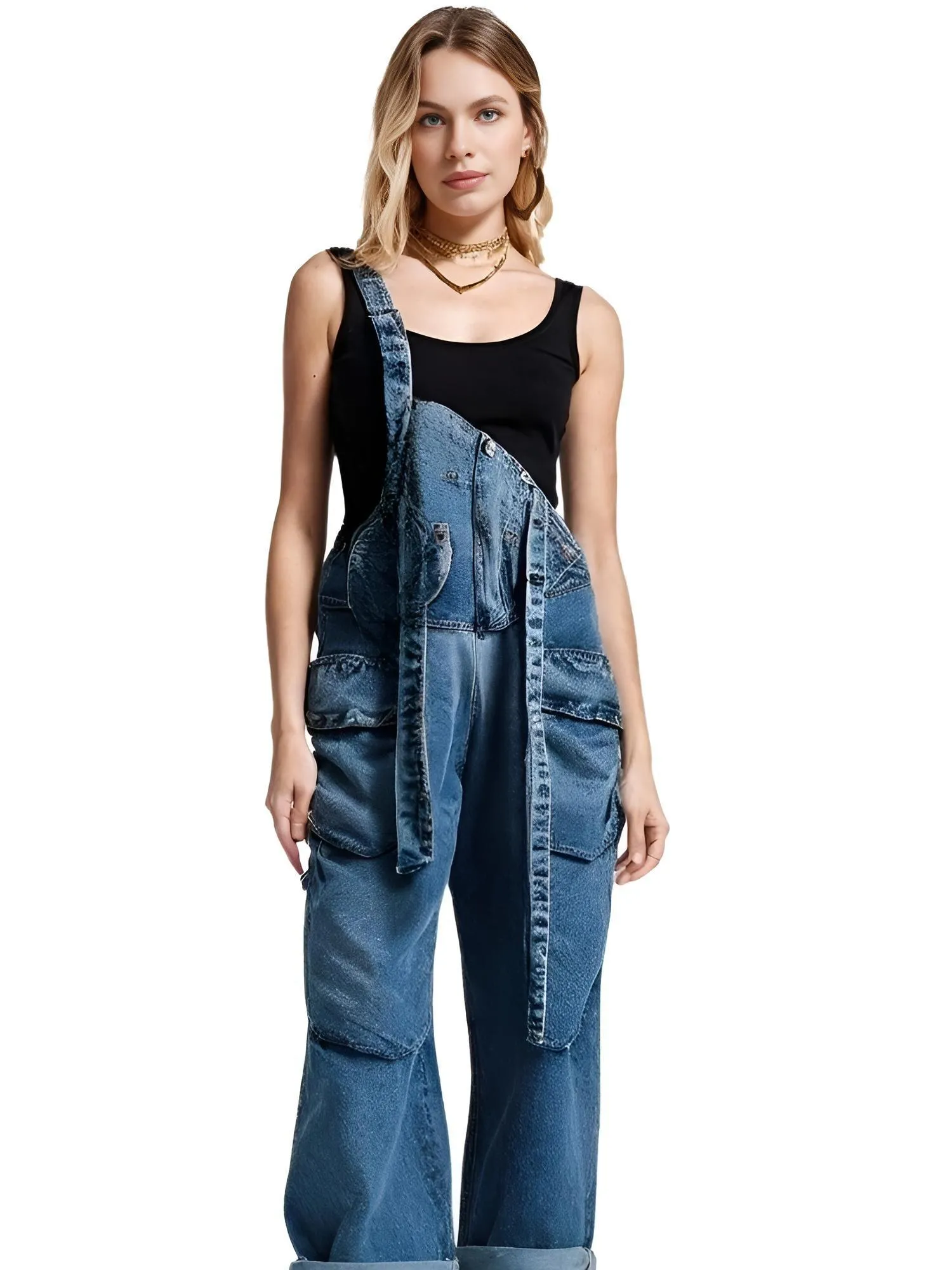 High Waist Women's Denim Overalls Black Pocket Trousers New Loose Fit Pants Women Fashion Spring Autumn