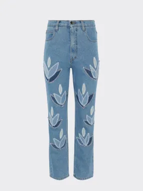 High Waisted Organic & Recycled Upcycled Denim Leaf Blue Jeans