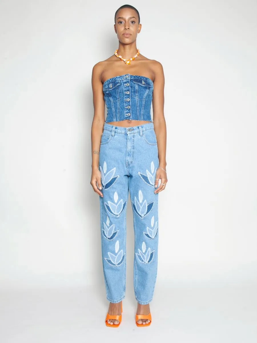 High Waisted Organic & Recycled Upcycled Denim Leaf Blue Jeans