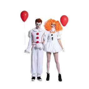 Horror Suit Couple Clown White Pompon Cosplay Frock Halloween Movie Dress-up