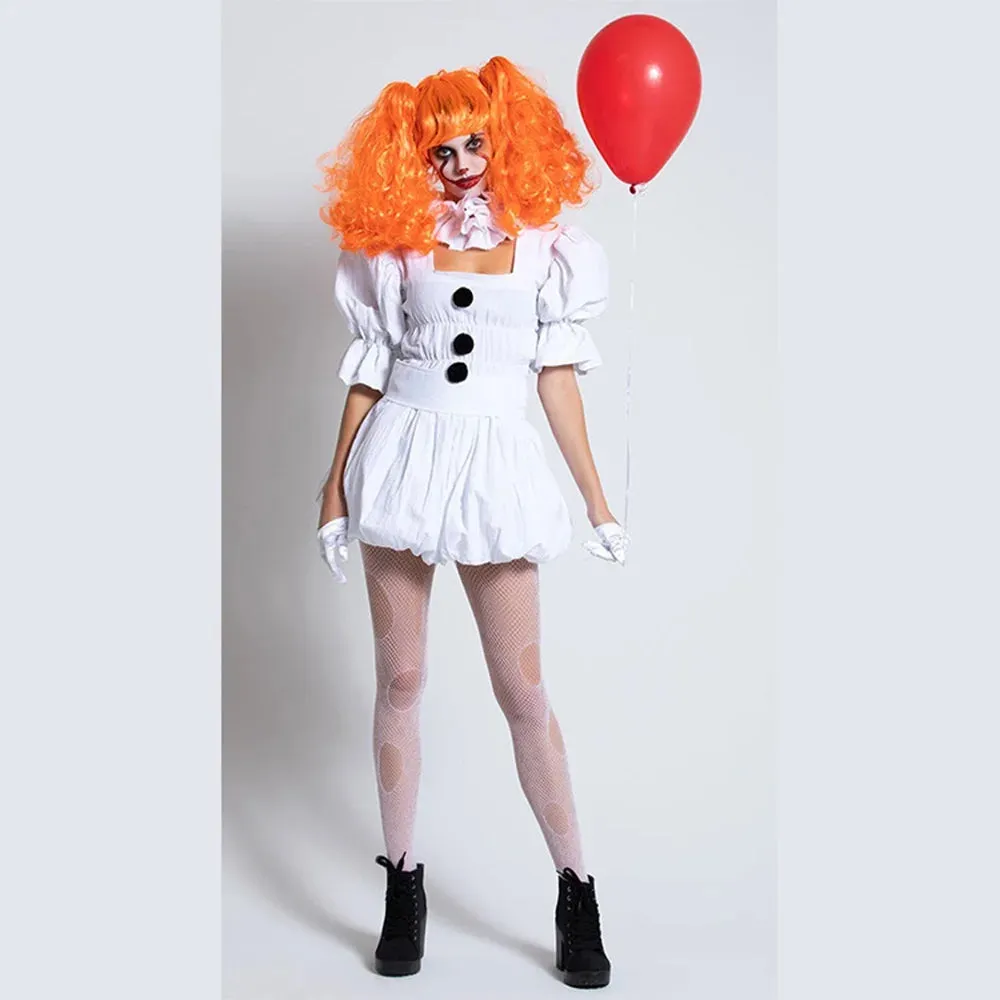 Horror Suit Couple Clown White Pompon Cosplay Frock Halloween Movie Dress-up