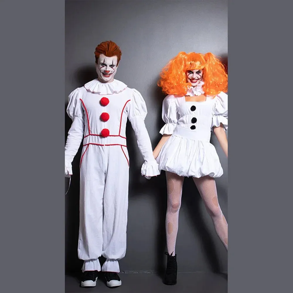 Horror Suit Couple Clown White Pompon Cosplay Frock Halloween Movie Dress-up