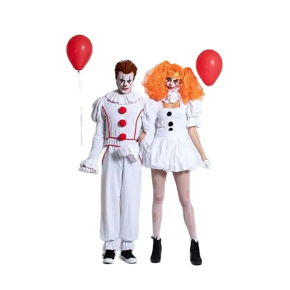 Horror Suit Couple Clown White Pompon Cosplay Frock Halloween Movie Dress-up