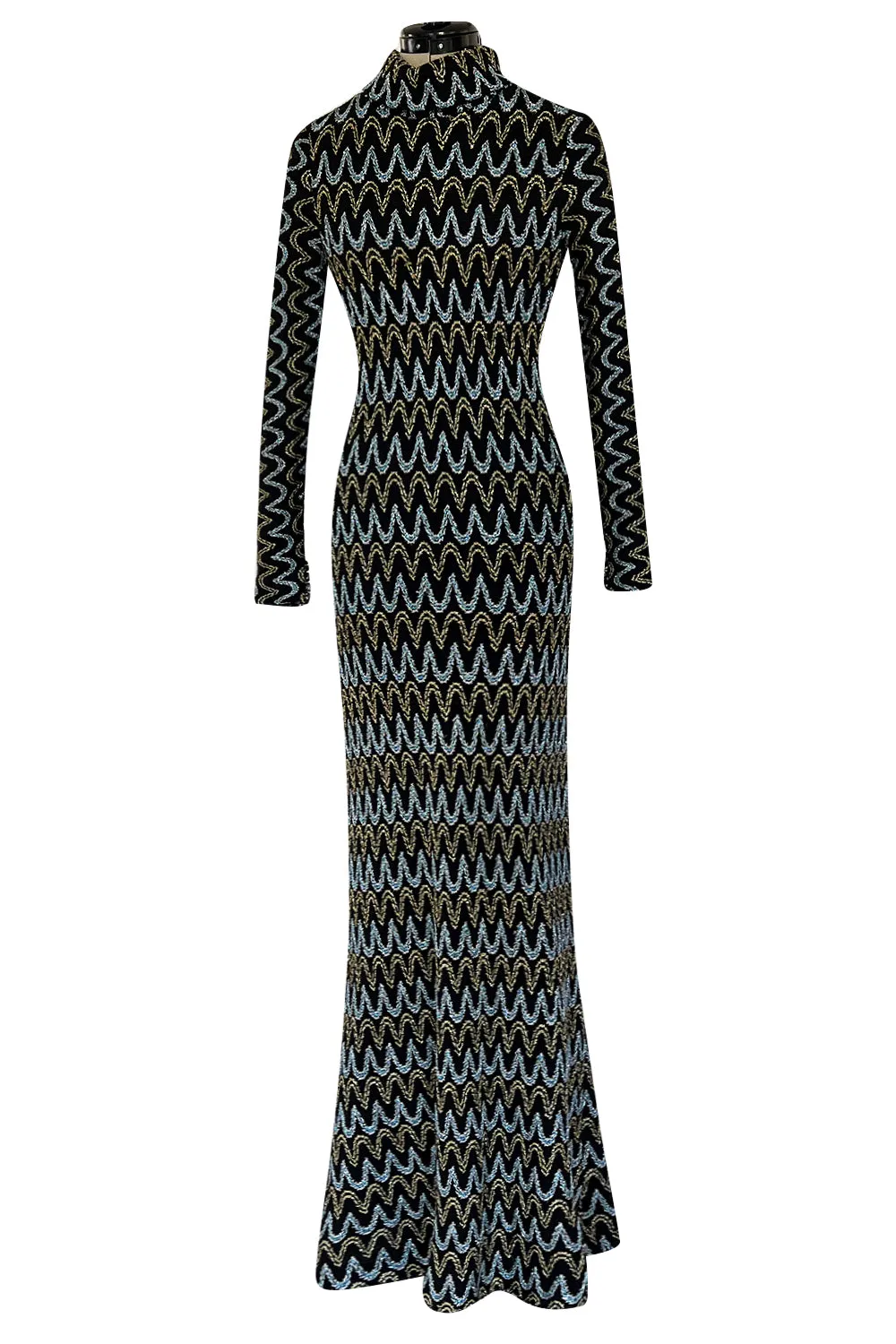 Incredible 1970s Loris Azzaro Metallic Silver & Gold Black On Black Knit Dress