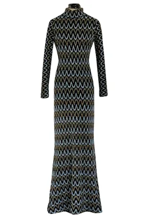 Incredible 1970s Loris Azzaro Metallic Silver & Gold Black On Black Knit Dress