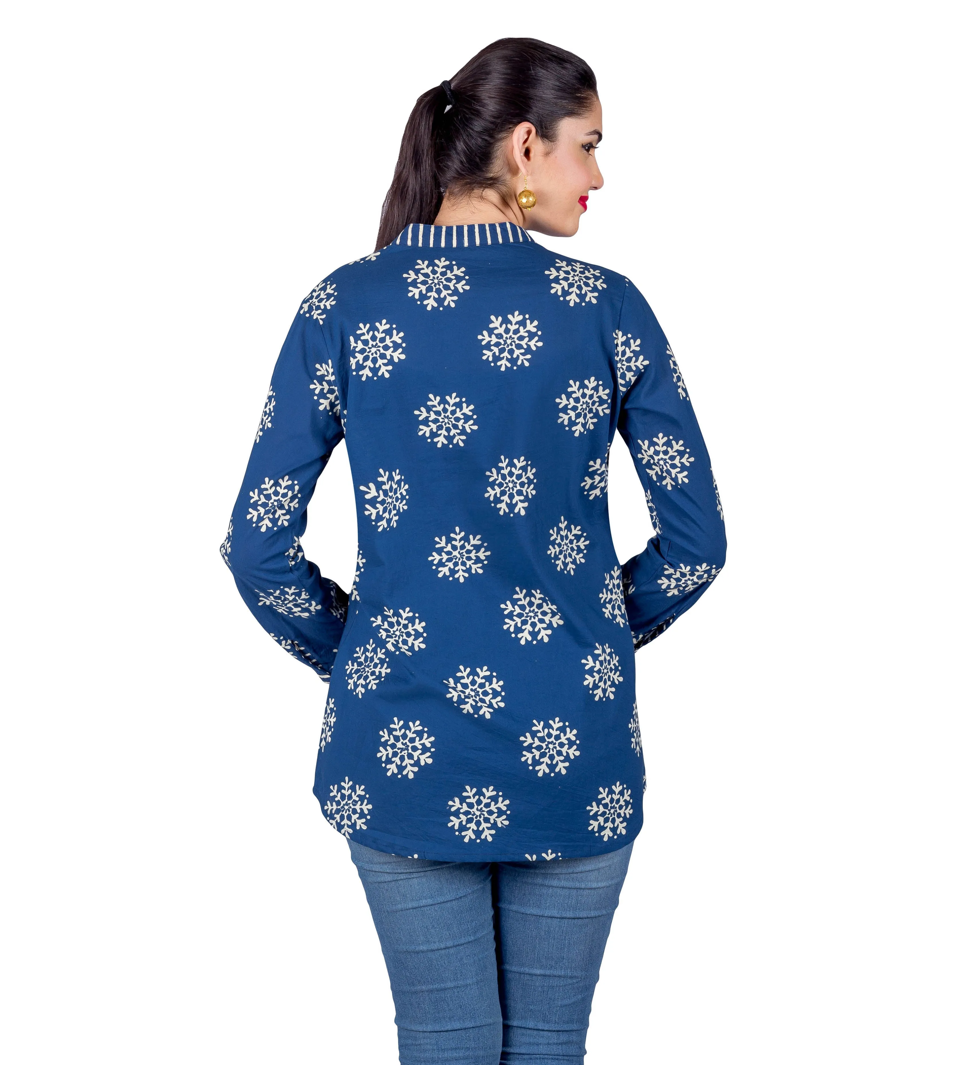 Indigo Blue Split Mandarin Collar Buta Printed Ethnic Short Kurti