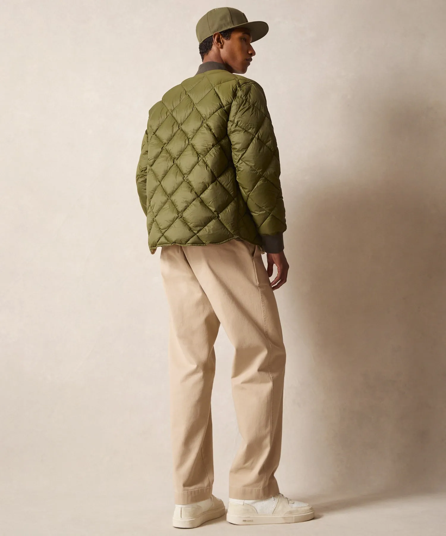 Italian Quilted Down Snap Bomber in Olive