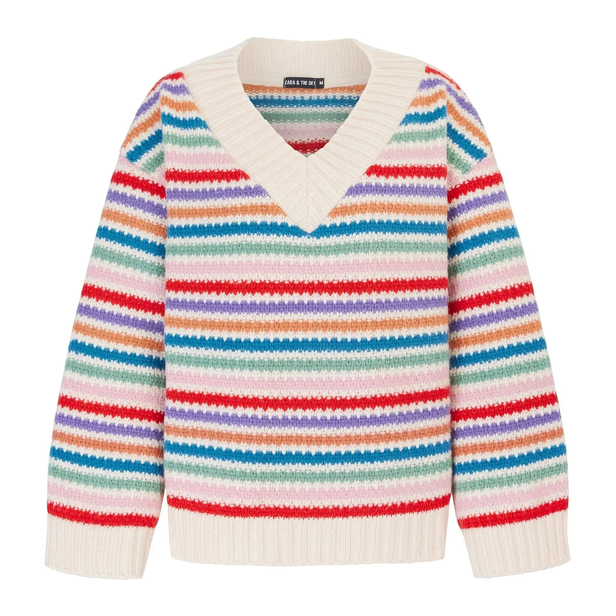 Jasmine Wide Sleeve v Neck Striped Jumper - Off White