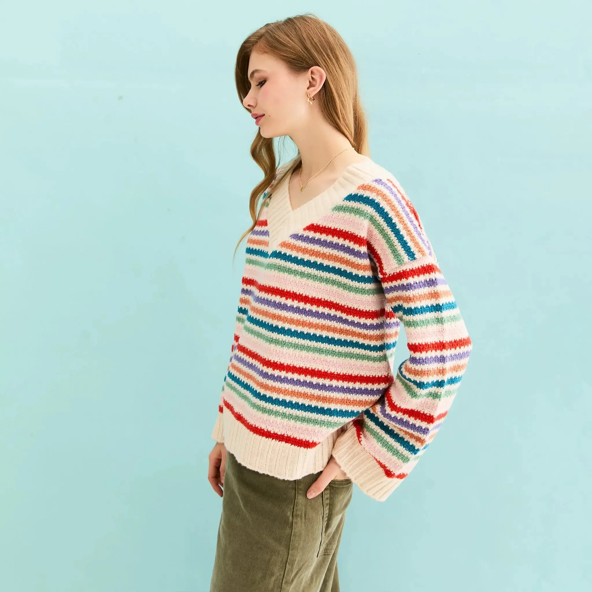 Jasmine Wide Sleeve v Neck Striped Jumper - Off White