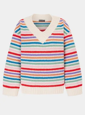 Jasmine Wide Sleeve v Neck Striped Jumper - Off White