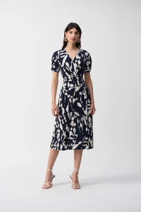 Joseph Ribkoff Abstract Print Wrap Dress 251014 - Midnight Blue/Beige