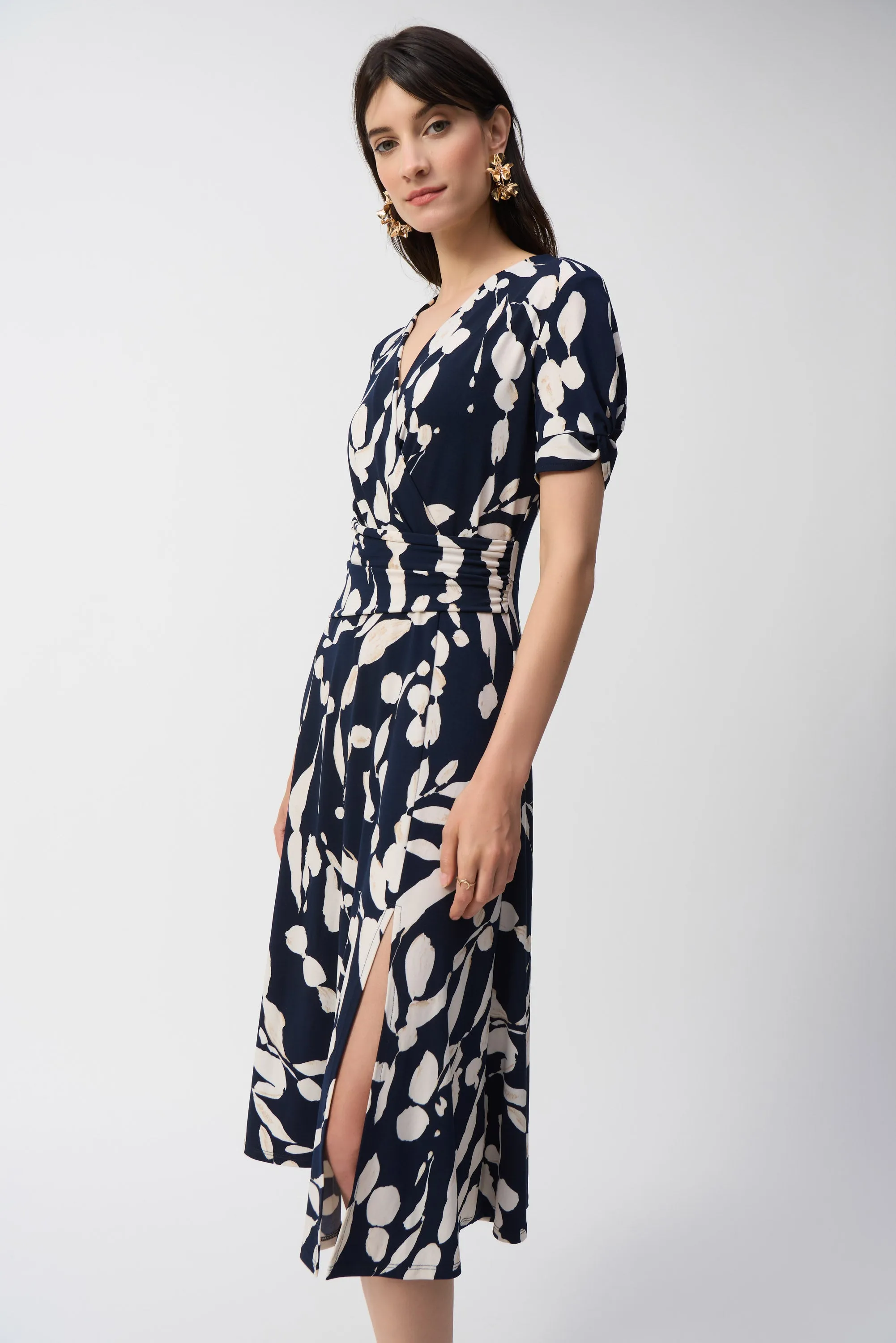 Joseph Ribkoff Abstract Print Wrap Dress 251014 - Midnight Blue/Beige