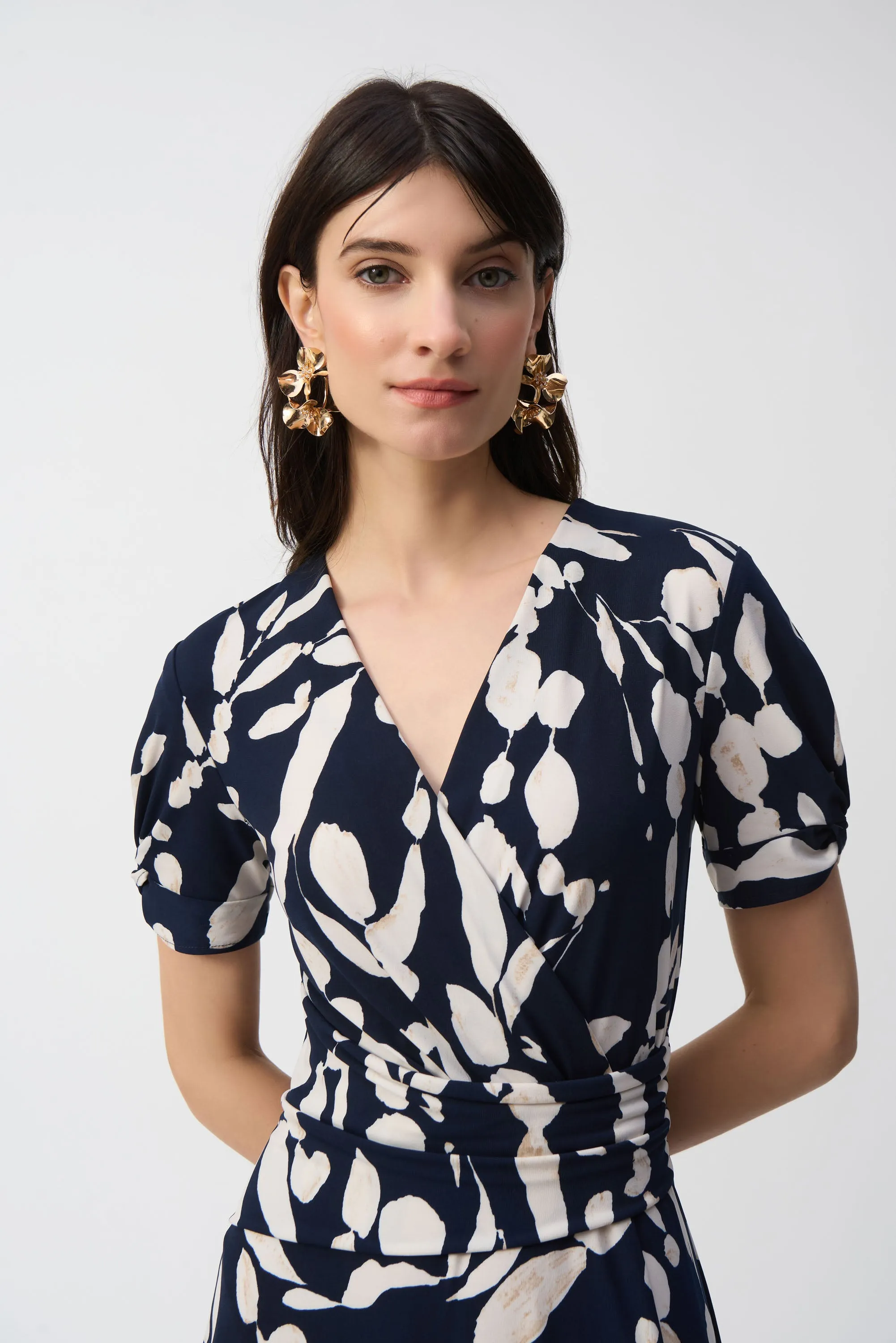 Joseph Ribkoff Abstract Print Wrap Dress 251014 - Midnight Blue/Beige