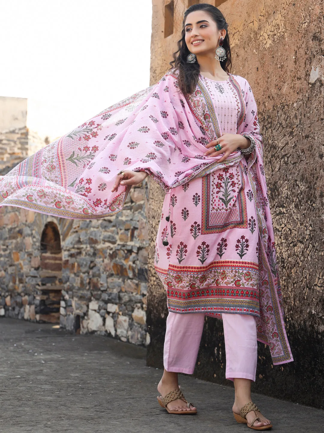 Juniper Lilac Ethnic Motif Printed Pure Cotton Kurta, Pants & Kota Doria Dupatta Set With beads & Sequins