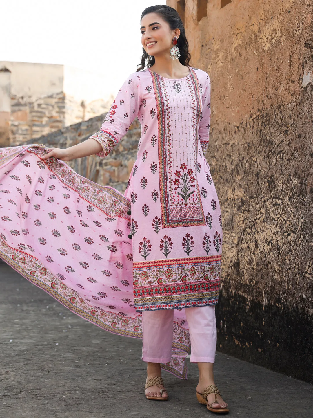 Juniper Lilac Ethnic Motif Printed Pure Cotton Kurta, Pants & Kota Doria Dupatta Set With beads & Sequins