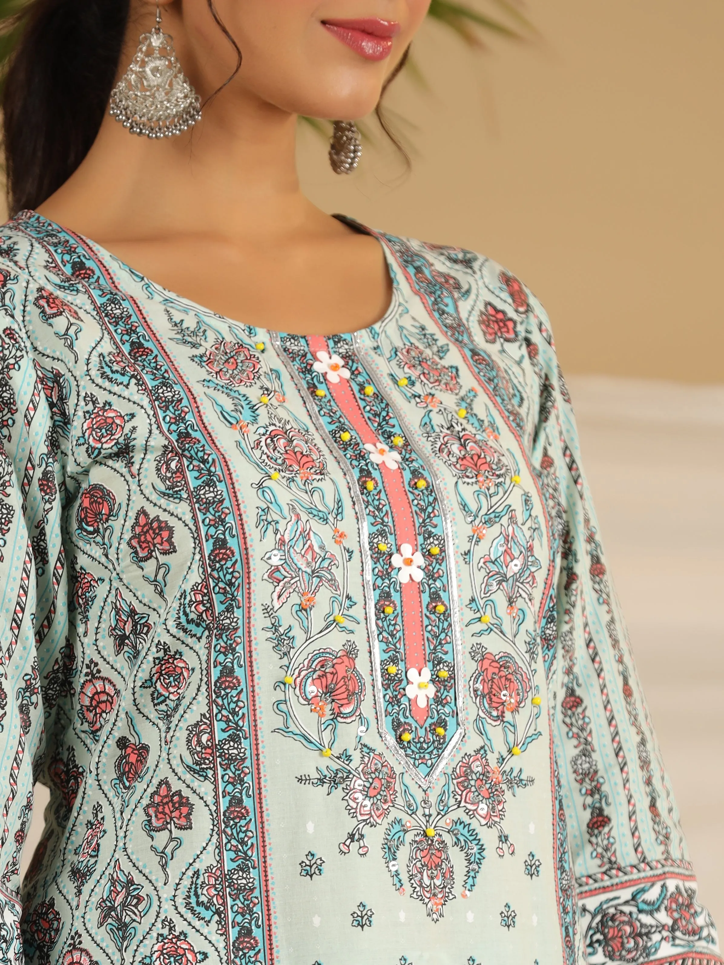 Juniper Mint Ethnic Motif Printed Pure Cotton Kurta Palazzos & Kota Doria Dupatta With Beads & Sequins