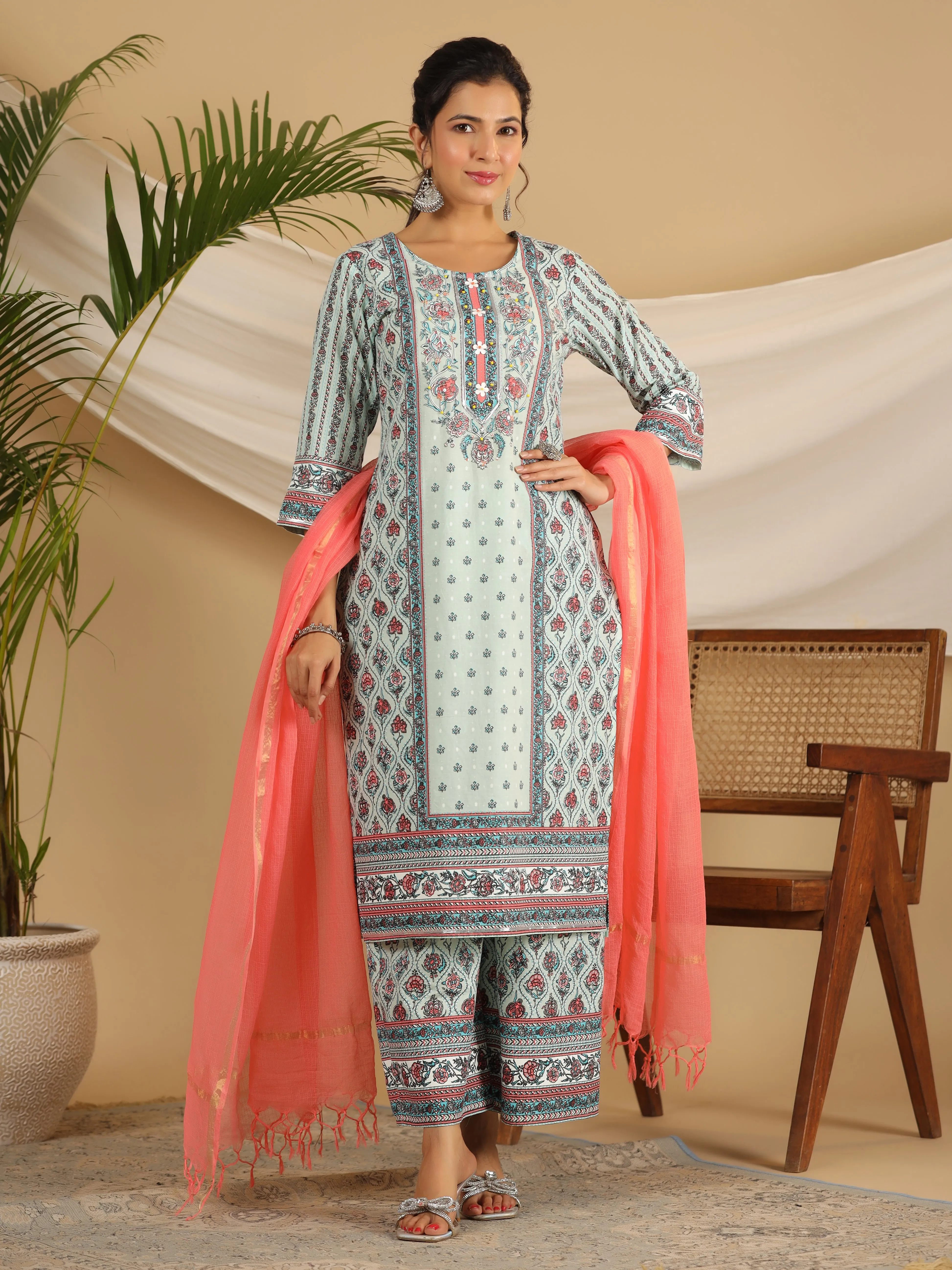 Juniper Mint Ethnic Motif Printed Pure Cotton Kurta Palazzos & Kota Doria Dupatta With Beads & Sequins