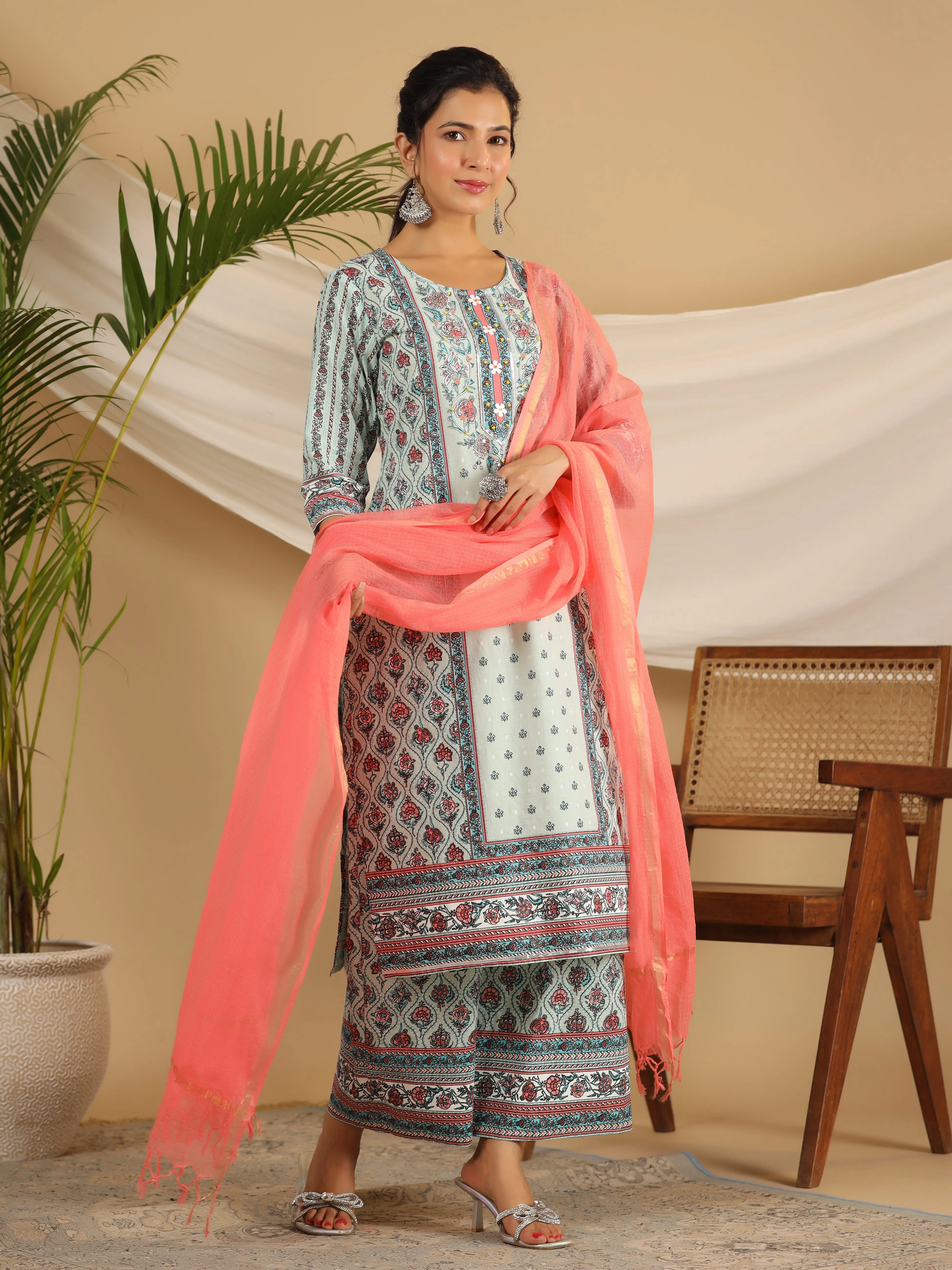 Juniper Mint Ethnic Motif Printed Pure Cotton Kurta Palazzos & Kota Doria Dupatta With Beads & Sequins