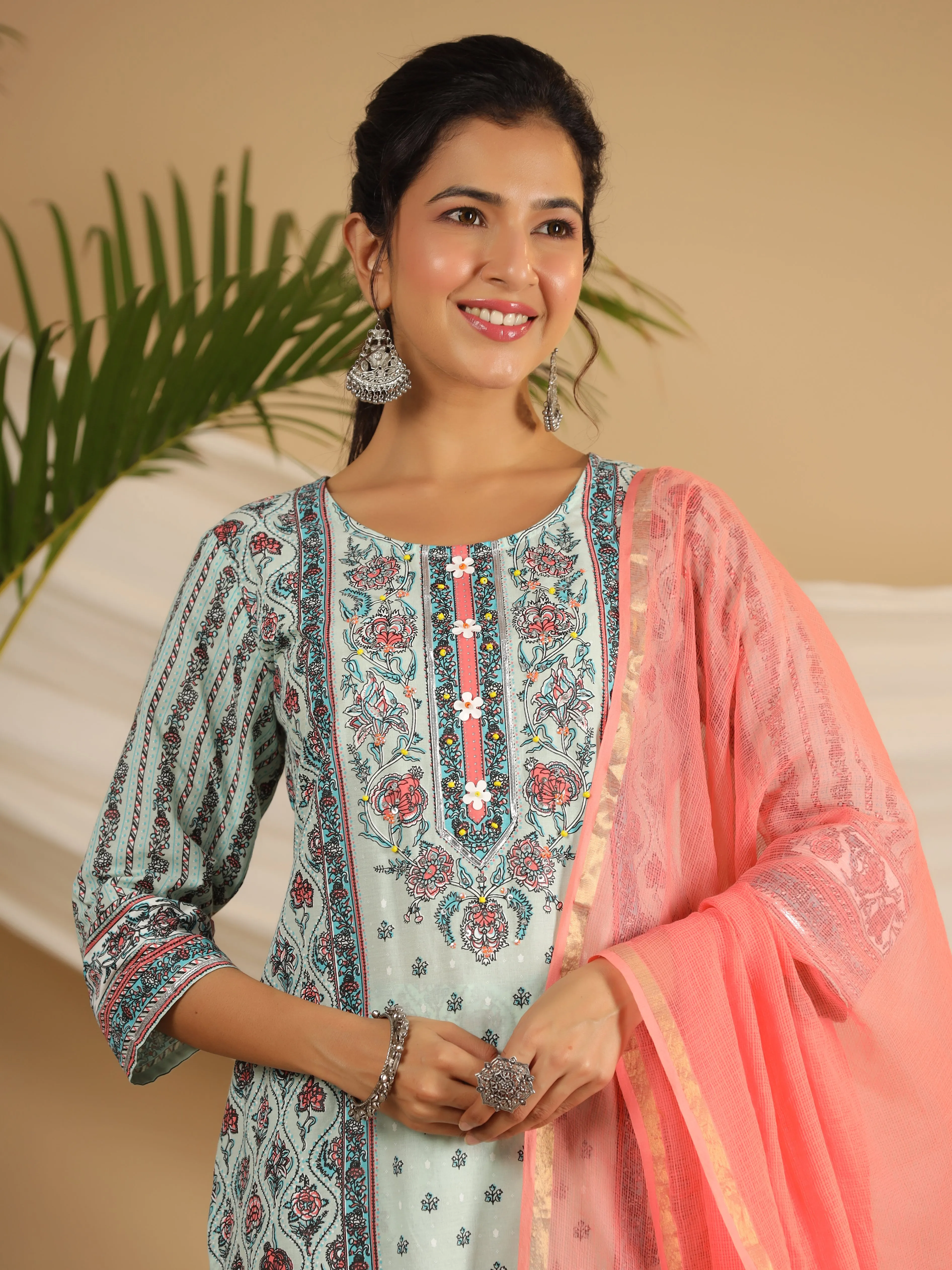 Juniper Mint Ethnic Motif Printed Pure Cotton Kurta Palazzos & Kota Doria Dupatta With Beads & Sequins