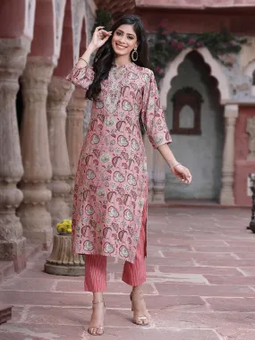 Juniper Onion Pink Floral Printed & Embroidered Muslin Kurta & Cotton Pants Set