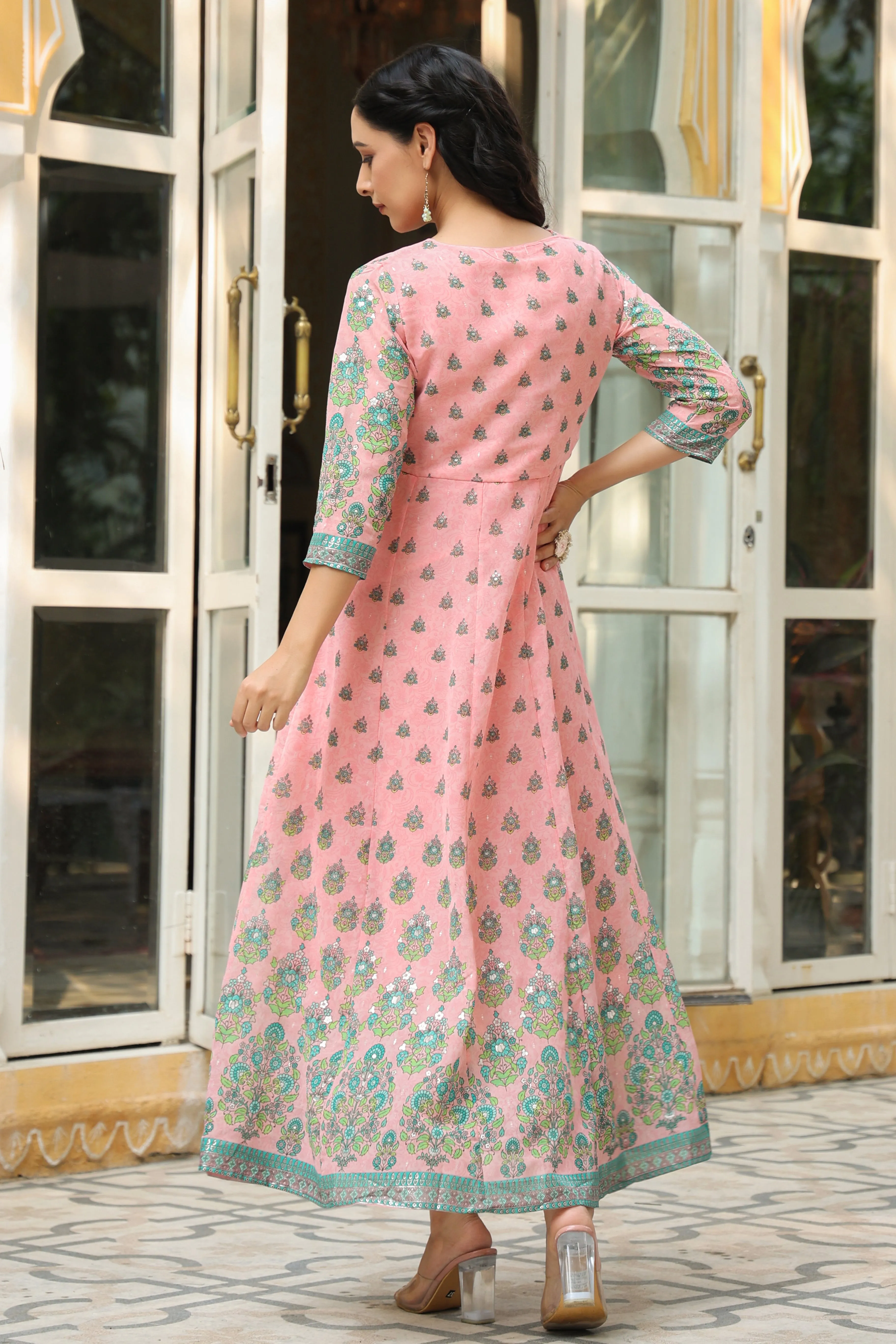 Juniper Pink Ethnic Motif Printed Georgette Anarkali Dress With Buttons