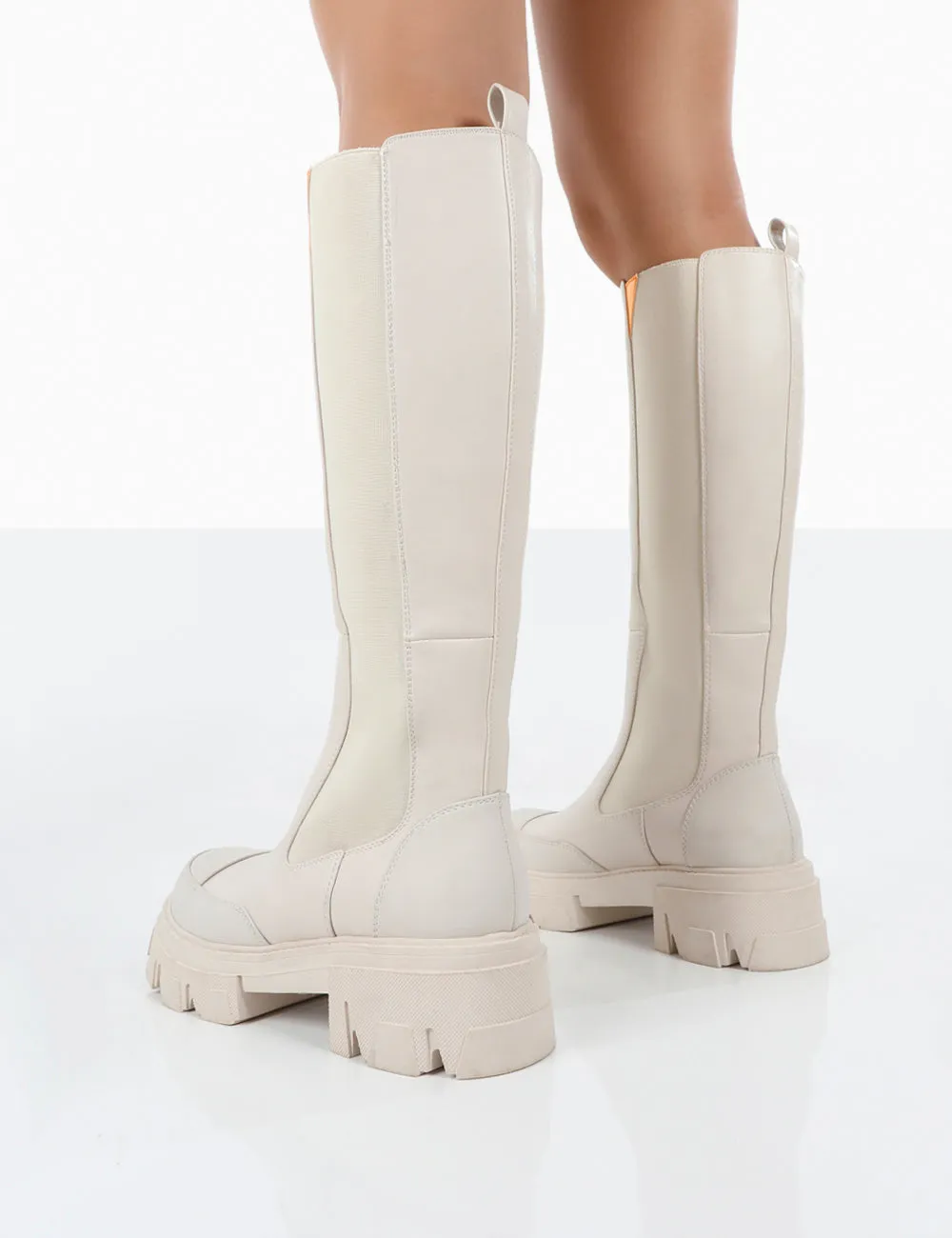 Kenza X Public Desire Survive White Pu Chunky Sole Orange Upper Knee High Boots