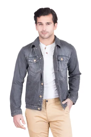 Krossstitch Full Sleeve Black Grey Men's Denim Jacket with Brass Button