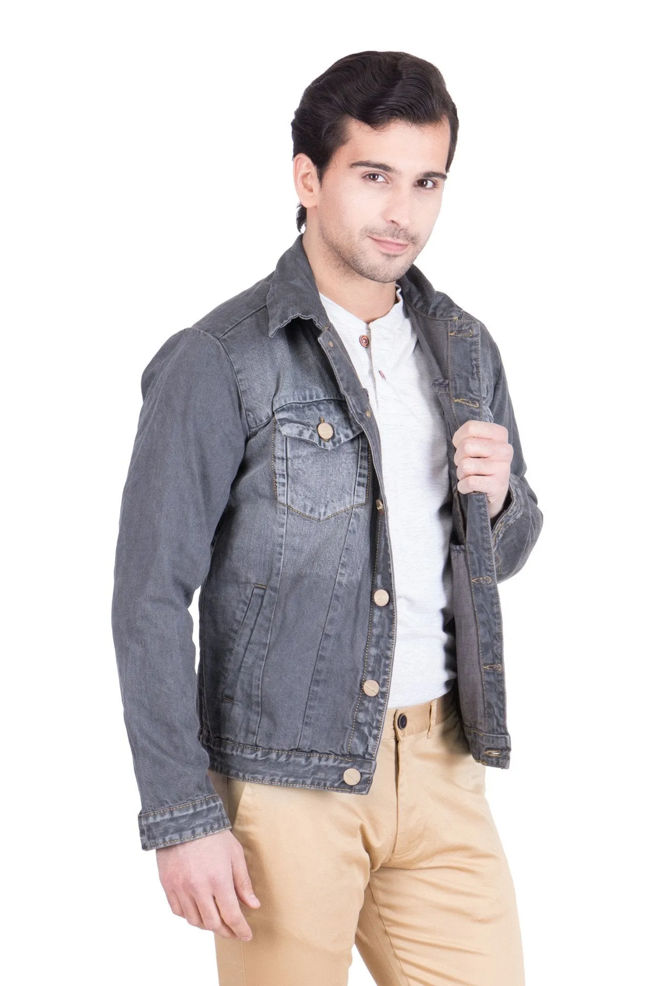 Krossstitch Full Sleeve Black Grey Men's Denim Jacket with Brass Button