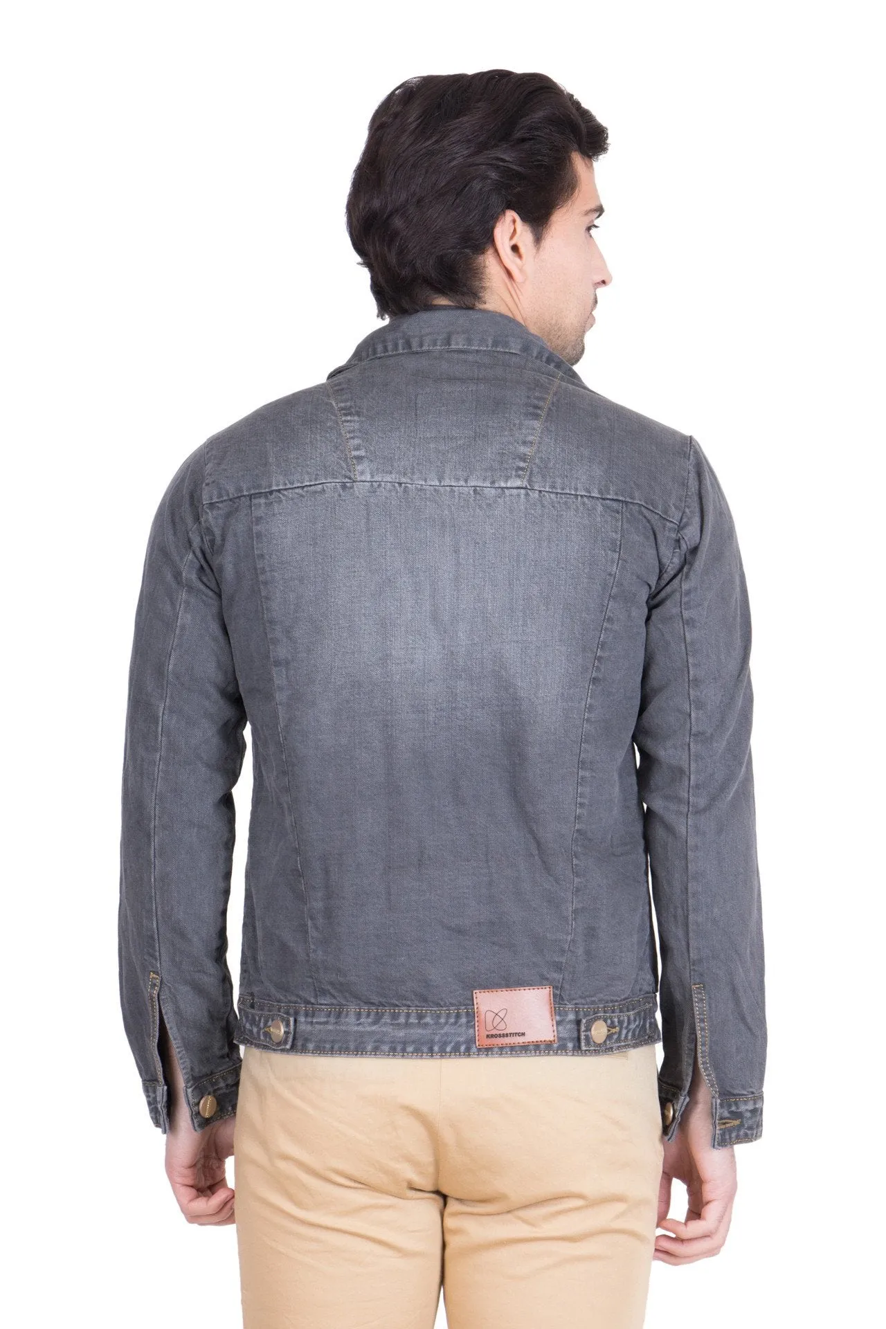 Krossstitch Full Sleeve Black Grey Men's Denim Jacket with Brass Button