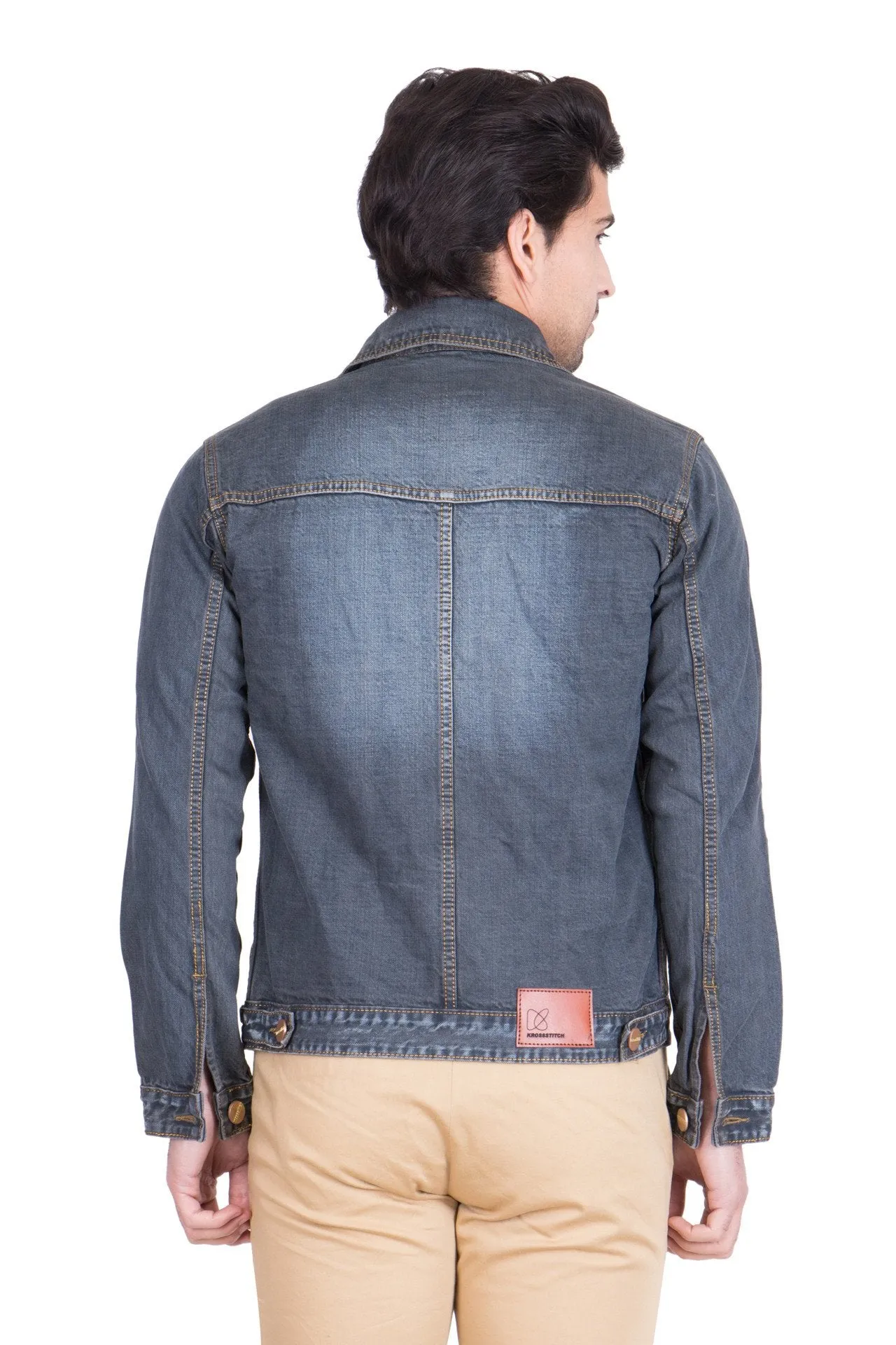 Krossstitch Full Sleeve Dark Grey Men's Denim Jacket with Brass Button