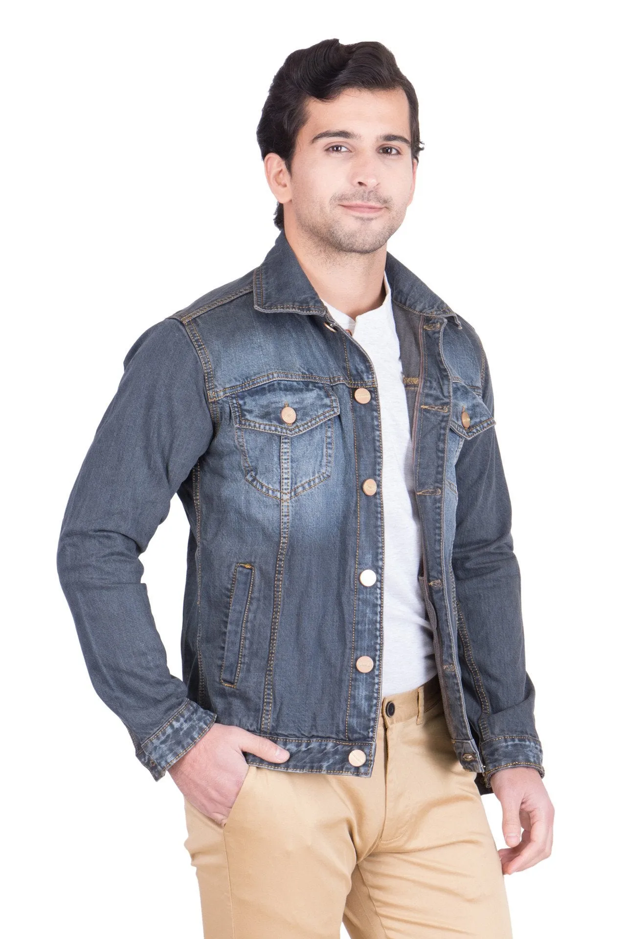 Krossstitch Full Sleeve Dark Grey Men's Denim Jacket with Brass Button