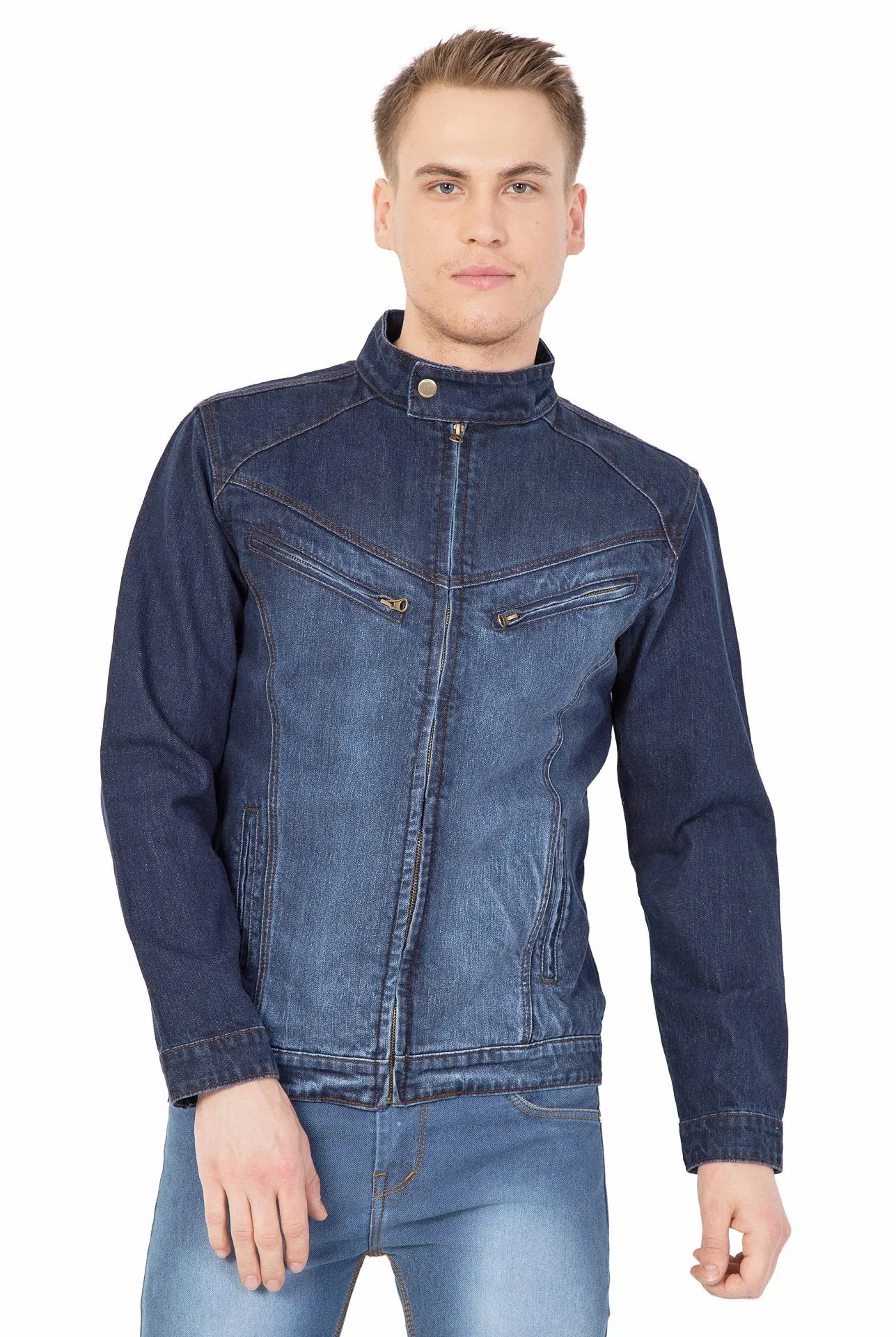 Krossstitch Full Sleeve Men's Denim Dark Blue Jacket with Zip Clouser