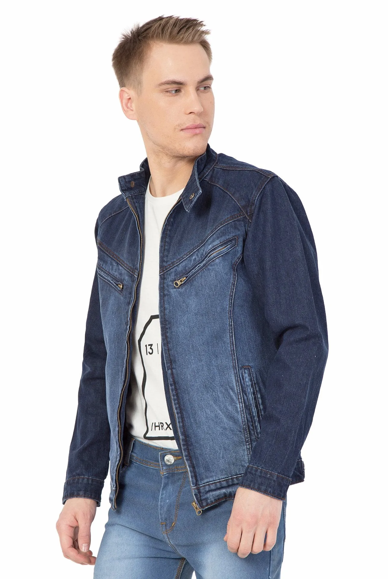 Krossstitch Full Sleeve Men's Denim Dark Blue Jacket with Zip Clouser