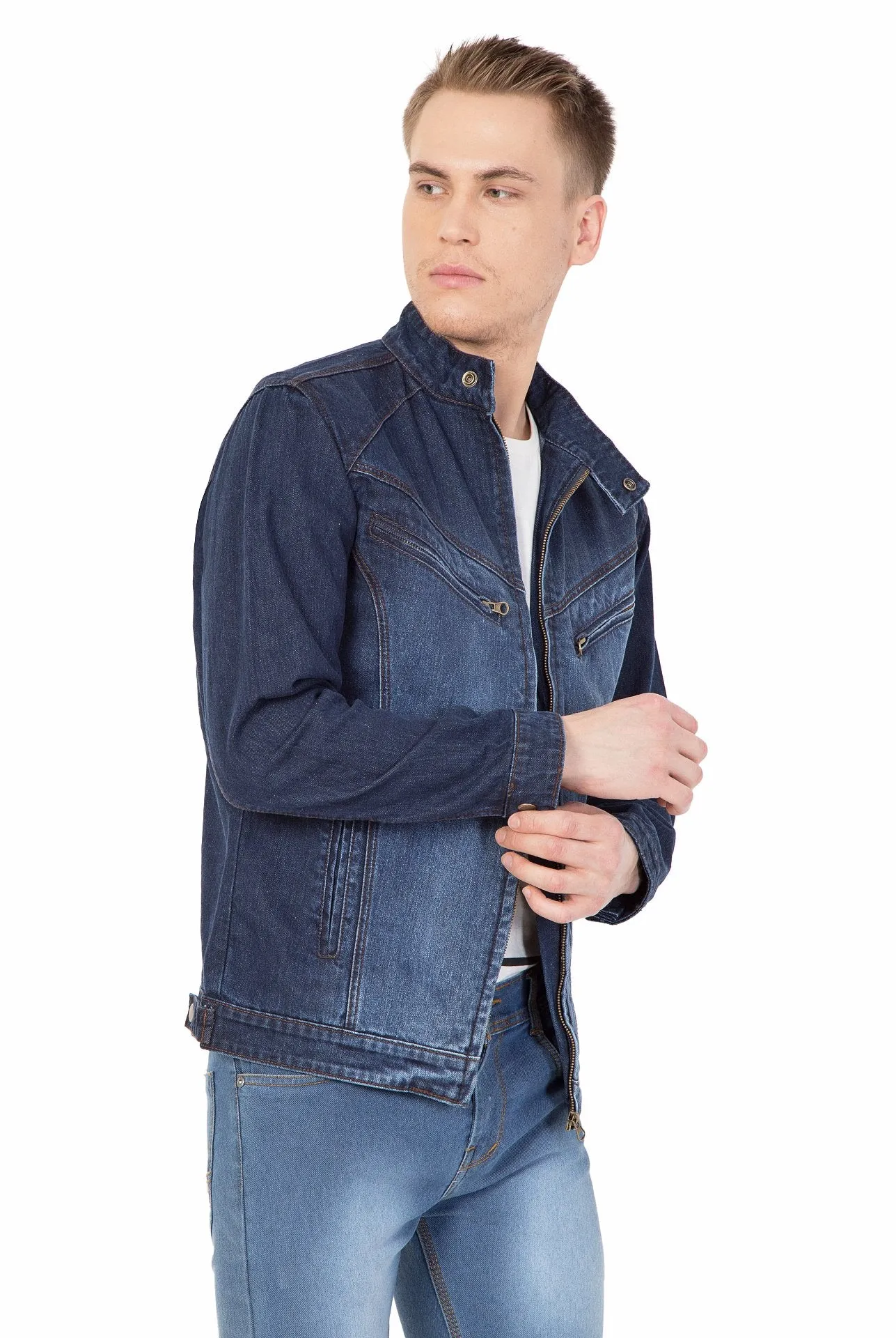 Krossstitch Full Sleeve Men's Denim Dark Blue Jacket with Zip Clouser