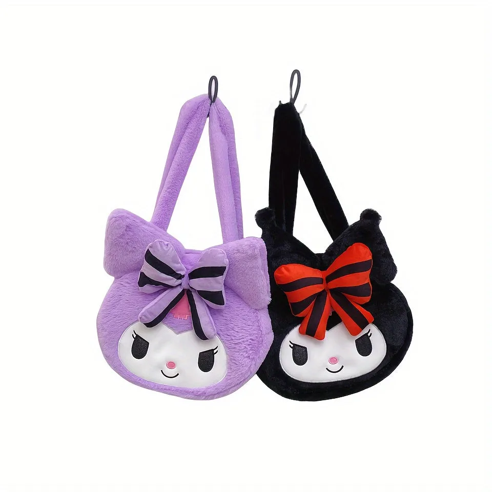 Kuromi Charm - Adorable Cartoon Shoulder Bag - Soft Plush Toy Tote with Luxurious Faux Fur for Fashion-Forward Anime Fans