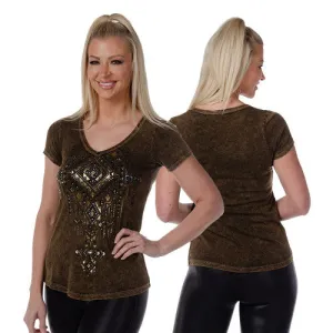 Ladies Brown Distressed Shirt with Foil Cross Design 7138 BS USA