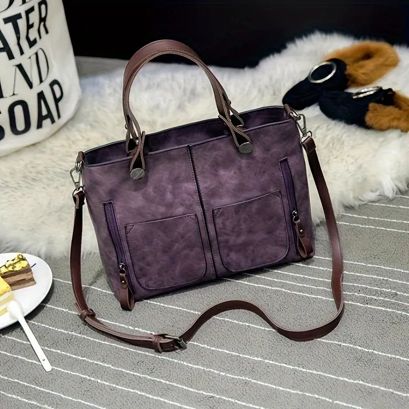 Large Capacity Elegant Dark Purple PU Leather Vintage Style Tote Bag for Women with Quilted Design, Fixed Shoulder Straps, Zippered Closure and Polyester Lining