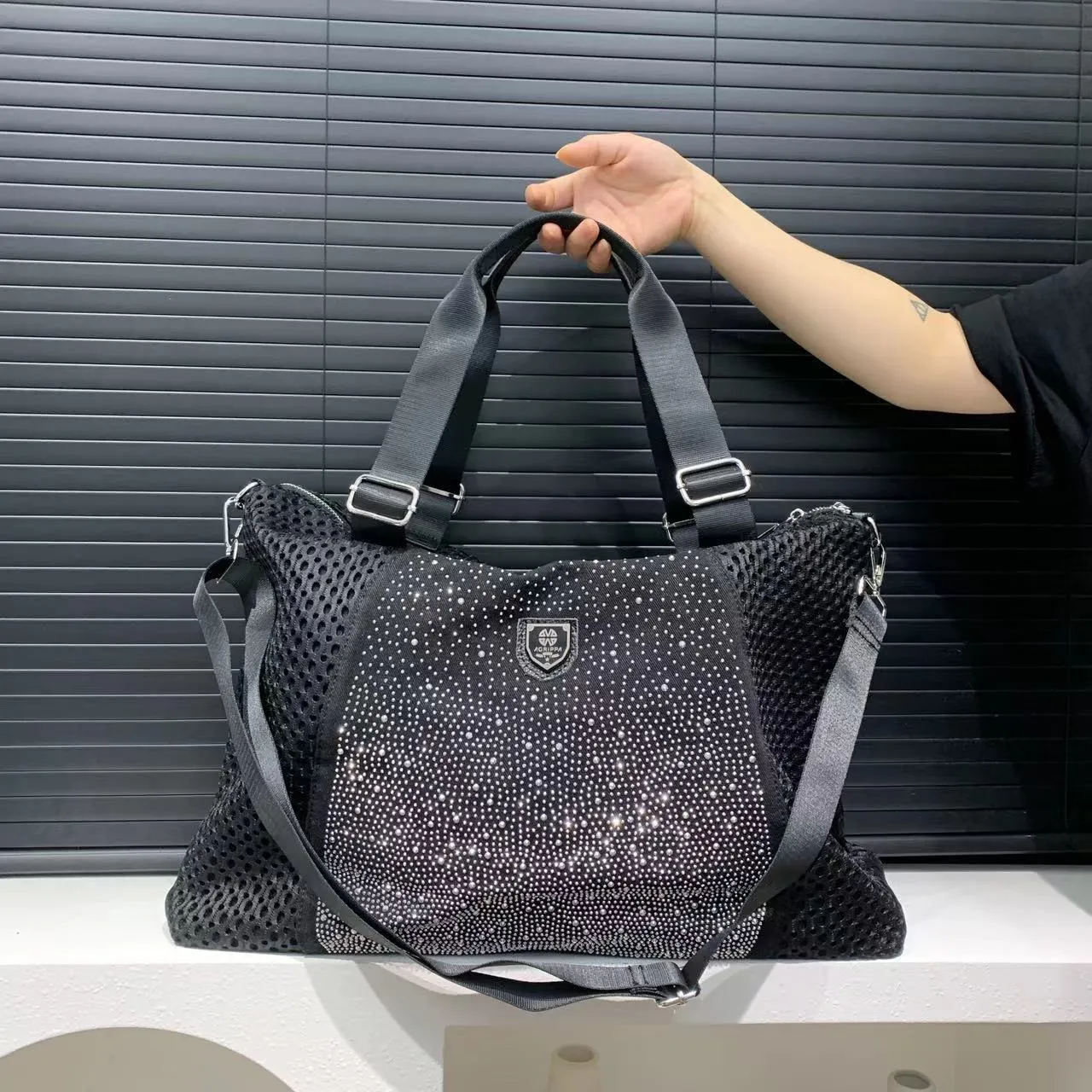 Large Capacity Women's Fashion Sports Mesh Rhinestone Tote Bag with Detachable Shoulder Strap, Zipper Closure, Nylon Material, Polyester Lining, Casual Vacation Travel Crossbody Handbag, Dry Clean Only